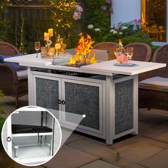 an outdoor fire pit with chairs around it and a table set up on the patio