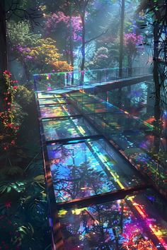 an image of a walkway in the middle of a forest with many lights on it