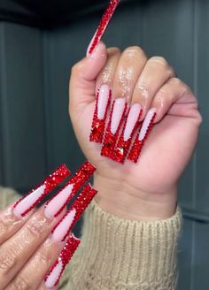 Red Blinged Out Nails, Red French Tip Nails Square, French Tip Nails Square, Blinged Out Nails, Red French Tip Nails, Red French Tip, Hood Rat, Birthday Nail Designs, Birthday Dinner Party