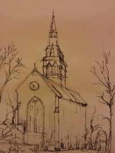 a drawing of a church with trees in the foreground