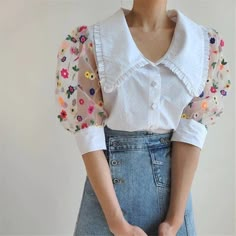 Flower Sleeve, Diy Vetement, Pants Skirt, Collar Neck, Mesh Sleeves, Puff Sleeve Blouse, Mode Inspiration, Looks Vintage