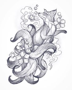 a drawing of a fox with flowers in its mouth