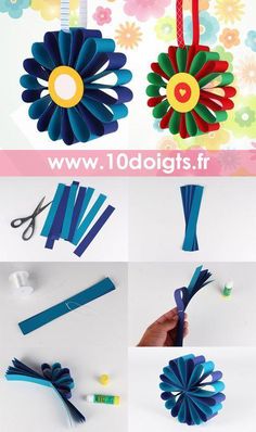 the instructions to make paper flowers with scissors and yarn are shown in several different ways