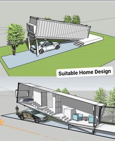 two different views of a house with the same roof and side walls as well as an open floor plan