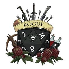 a black and white sticker with the word roque on it, surrounded by various items