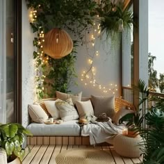 an outdoor living area with plants and lights