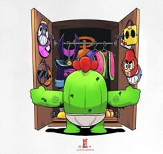 an image of a cartoon character opening a closet filled with clothes and other things to wear