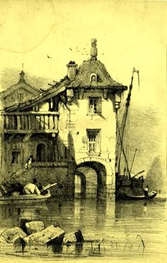 an old drawing of a boat in the water next to a building with a clock tower