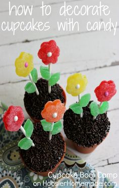 some cupcakes with candy flowers in them