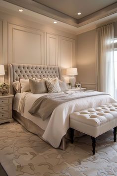 a large white bed sitting in a bedroom next to a window