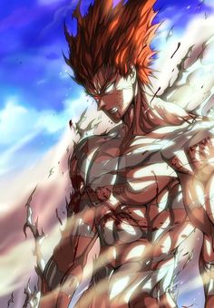 an anime character with red hair standing in front of clouds