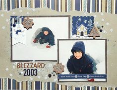 a scrapbook page with two pictures of a boy in winter clothes and snowflakes