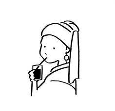 a drawing of a woman with a cup in her hand and wearing a beanie