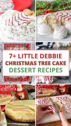 christmas tree cake dessert recipe collage with text overlay that reads, 7 little debibie christmas tree cake dessert recipes