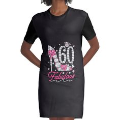 Loose and casual fit jersey t-shirt dress. Printed polyester blend front panel, solid color 100% cotton back/sleeves/rib. Size range XS-2XL. 60th birthday fabulous pink years, diamond shoes t-shirt, diamond crown birthday, women ladies, glamorous tee, perfect gift, friend wife sister mom lady grandma, great idea, 60th birthday party celebration, mama mother auntie, 60th bday party, fabulous tee, girly crown rhinestones gems print, number design 60 Th Birthday Shirts For Women, 60th Birthday Tshirt For Woman, Shoes Graphic, Diamond Shoes, Birthday Women, 60th Bday, Crown Birthday, Number Design, Diamond Crown