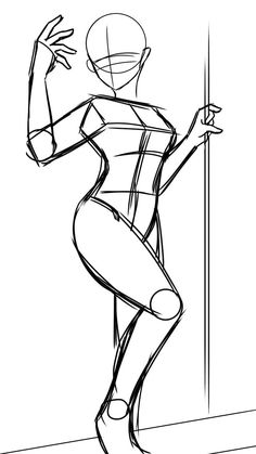 a black and white drawing of a woman leaning against a pole