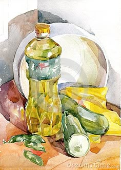 a watercolor painting of a bottle and vegetables on a cutting board with a plate in the background