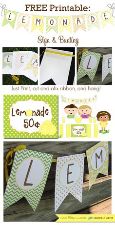 lemonade party banner with free printables and bunting on the front, in lime