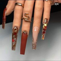 Beach Nails Art, 2023 Beach, Brown Acrylic Nails, Nails Art Designs, Long Acrylic Nail Designs, Nails Design With Rhinestones, Stiletto Nails Designs, Fall Acrylic Nails