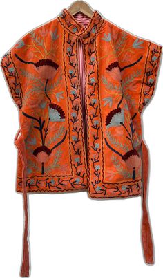 Bohemian Sleeveless Embroidered Outerwear, Traditional Festive Fall Kimono, Traditional Fall Festival Kimono, Traditional Fall Festive Kimono, Bohemian Silk Winter Outerwear, Bohemian Silk Outerwear For Winter, Bohemian Orange Outerwear For Summer, Fitted Silk Bohemian Outerwear, Summer Bohemian Orange Outerwear