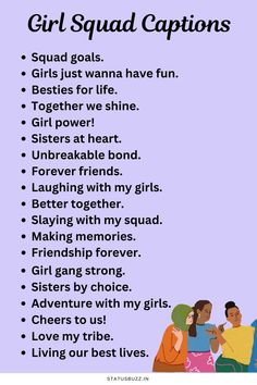 a poster with the words girl squad captions in black and white, on a purple background