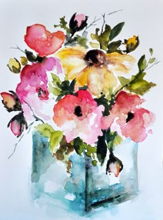 a watercolor painting of flowers in a vase