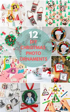 twelve diy christmas photo ornament collages with text overlay that reads 12 diy christmas photo ornaments