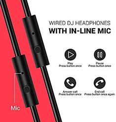 an image of two black earphones with in - line mics on red background