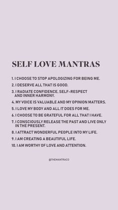 the back cover of self love mantras, which is written in black and white