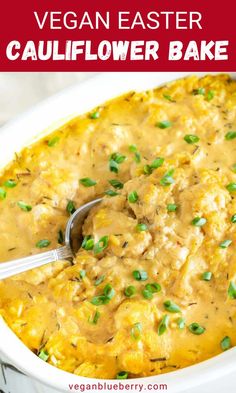 Vegan cheesy cauliflower casserole in a white baking dish served for Easter dinner. Vegan Cauliflower Casserole, Easter Side Dish, Vegan Bacon Bits, Casserole Bake, Vegan Cornbread, Lentil Burgers, Easter Side Dishes, Vegan Easter