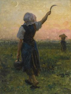 a painting of a woman holding a bird in her right hand while standing on a field