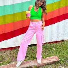 The Pants That Go With Everything. Our Baby Pink Cargos Are The Perfect Mix Of Cool-Girl And Girlie Style. You Will Love These For Their Flattering High-Waisted Fit, Cool Pockets, And Soft Pink Color. We Paired Ours With The Ombre Rainbow Mesh Top. The Coolest Cargos Around Soft Baby Pink Color They Have Pockets Flattering High-Waisted Fit Some Stretch Cool Girl Energy Incoming... True To Size 97% Cotton 3%Spandex Kalianna Is 5'7 Wearing A Size Small And Typically Wears A Size Small. Haley Is 5' Pink Wide Leg Y2k Pants, Pink Y2k Style Wide Leg Pants, Y2k Pink Wide Leg Pants, Pink Straight Leg Casual Cargo Pants, Casual Pink Straight Leg Cargo Pants, Spring Pink Bottoms With Cargo Pockets, Summer Pink Cotton Cargo Jeans, Pink Cotton Cargo Jeans For Summer, Y2k Pink Straight Leg Bottoms