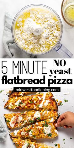 five minute no flatbread pizza with cheese and herbs in the middle, on a white table