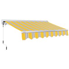 an awning with yellow and white stripes on the top, hanging from a pole