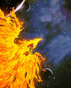 an animated image of a man on fire with planets in the background