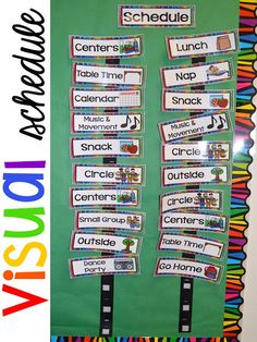 a bulletin board with four different types of music notes on it and the words schedule below