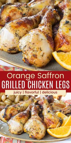 orange saffron grilled chicken legs on a platter