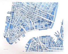 a blue watercolor drawing of a city map