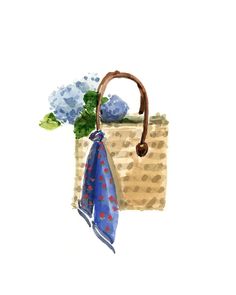 a watercolor painting of a bag with flowers in it and a blue scarf hanging from the handle