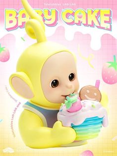 the baby cake is being held up by a toy bunny with a cupcake in its hand