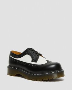 3989 Bex Smooth Leather Brogue Shoes in Black | Dr. Martens Outfits With White Doc Martens, Dr Martens Brogues, Dr Martens 3989, Brogue Shoe, Visible Stitching, Shoe Brushes, Leather Brogues, Brogue Shoes, Crazy Horse