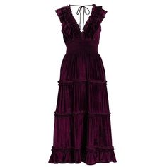 Brand New With Tags - Perfect Condition Retails $398 This Dress Is Gorgeous! Deep Purple Velvety Hues, Ruffled Necklines, Deep V-Neck In Front & Back. She Is Perfect For A Holiday Party, Special Event, Or Whatever Fun Is Coming Your Way! Anthropologie X Love The Label Azalea Velvet Ruffled Midi-Dress. Has Pockets!!! The Azalea Dress From Love The Label Is Crafted Of Super Soft & Stretchy Velvet. This Midi-Length Piece Is Styled With A Ruffled V-Neck, Smocked Waistband, And Swingy Tiered Skirt. C Ball Outfits, Azalea Dress, Daily Fits, Feminine Vibes, Witchy Fashion, Looks Party, Midi Ruffle Dress, Barbie Dream, Tiered Midi Dress