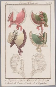 regency era attire bonnets | 1817 Bonnets, France. Regency Era Hats, Regency Era Bonnet, Regency Hats And Bonnets, Edwardian Hat, Doll Hats