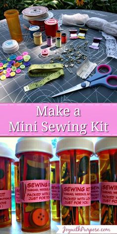 sewing supplies and scissors on a table with the words make a mini sewing kit in pink