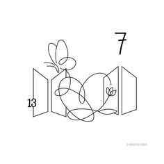 a line drawing of a flower in a vase with the number thirteen on it's side