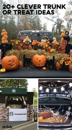 the back of a truck decorated with pumpkins and other decorations