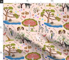 a pink fabric with animals and trees on it