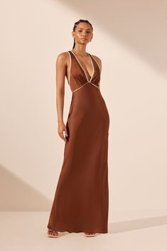 Belkis Contrast Plunged Cross Back Maxi Dress | Chocolate/Ivory | Dresses | Shona Joy Beach Bridesmaid Dresses, Shona Joy, Maxi Dress Online, Ivory Dresses, Grad Dresses, Midi Length Skirts, Contrast Piping, Matte Satin, Formal Style