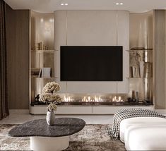 a modern living room with fireplace and tv on the wall, couches in front of it