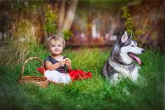 a little boy sitting in the grass next to a husky dog